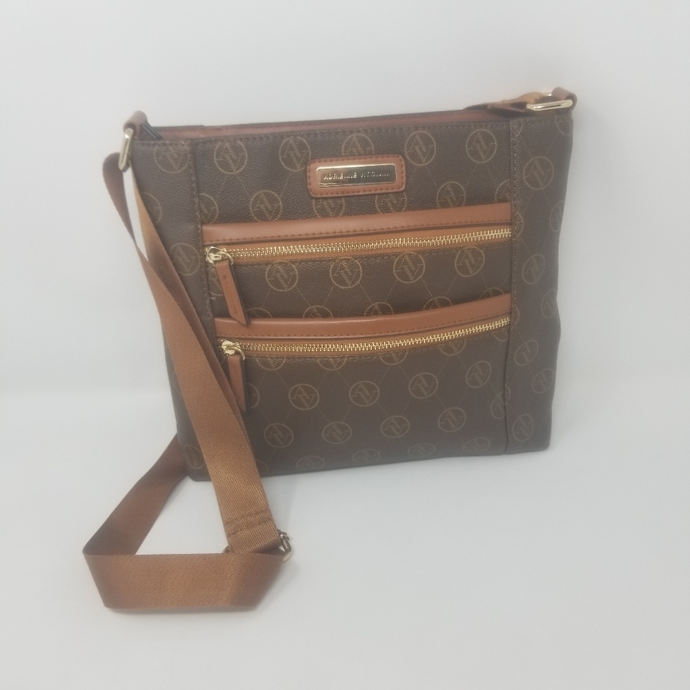 Adrienne Vittadini Signature Monogram Logo Brown Crossbody Bag Double Zip Pocket